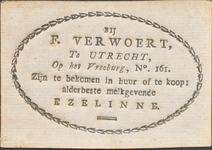 710246 Visitekaartje van F. Verwoert, [Logement - Stalhouderij ?], Vreeburg [D] 161 te Utrecht. In reliëf gedrukt.